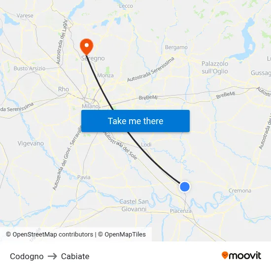 Codogno to Cabiate map