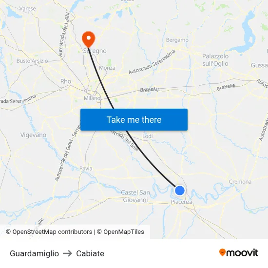 Guardamiglio to Cabiate map