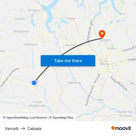 Vercelli to Cabiate map