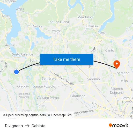 Divignano to Cabiate map