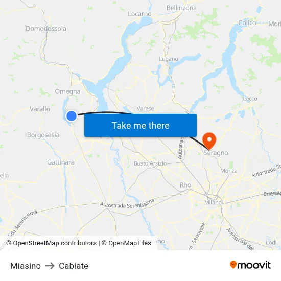Miasino to Cabiate map