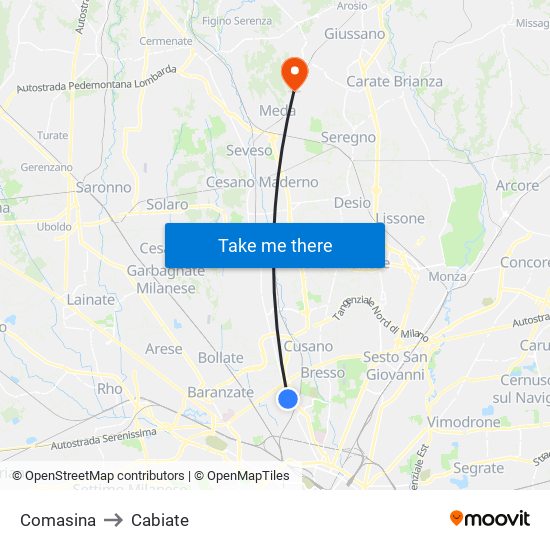 Comasina to Cabiate map