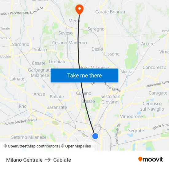 Milano Centrale to Cabiate map