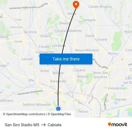 San Siro Stadio M5 to Cabiate map