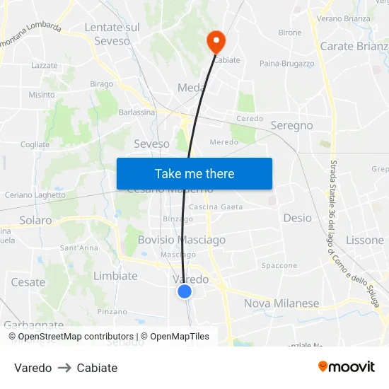 Varedo to Cabiate map