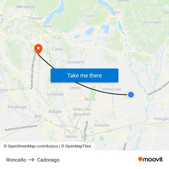 Roncello to Cadorago map