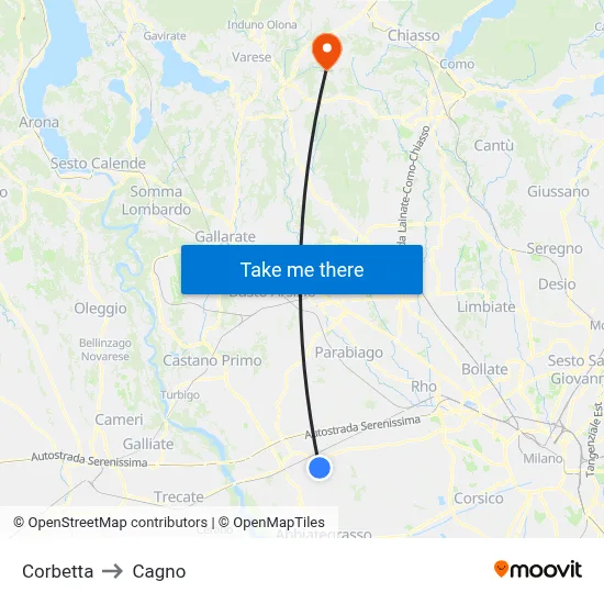 Corbetta to Cagno map