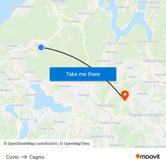 Cuvio to Cagno map