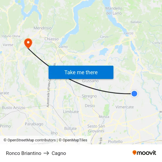Ronco Briantino to Cagno map