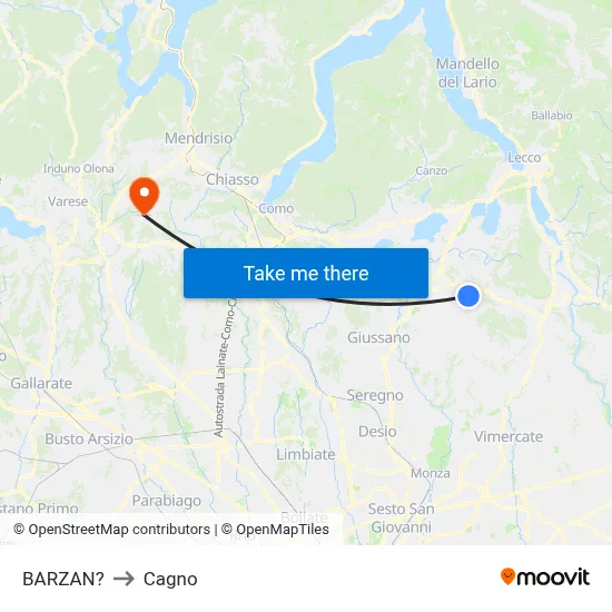 Barzan to Cagno map