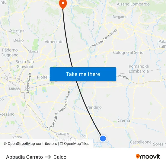 Abbadia Cerreto to Calco map