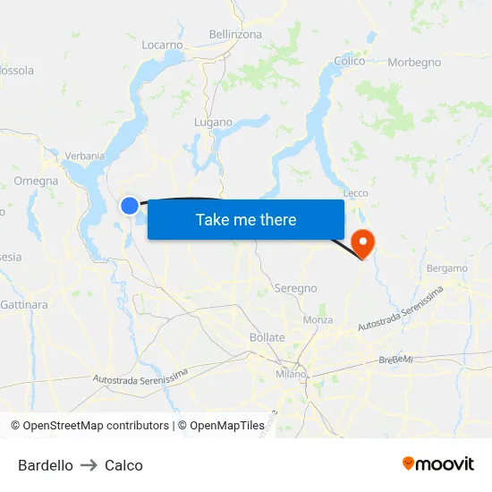Bardello to Calco map