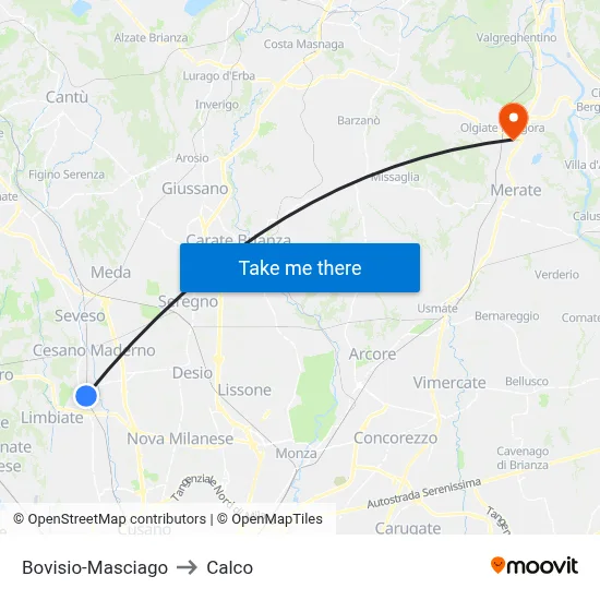 Bovisio-Masciago to Calco map