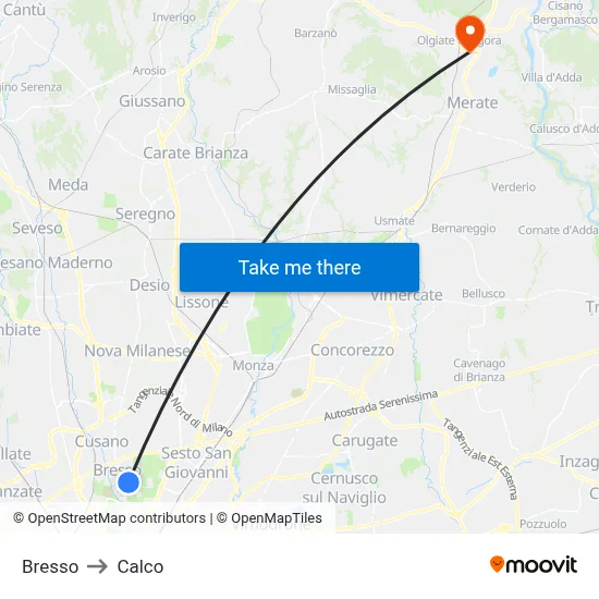 Bresso to Calco map
