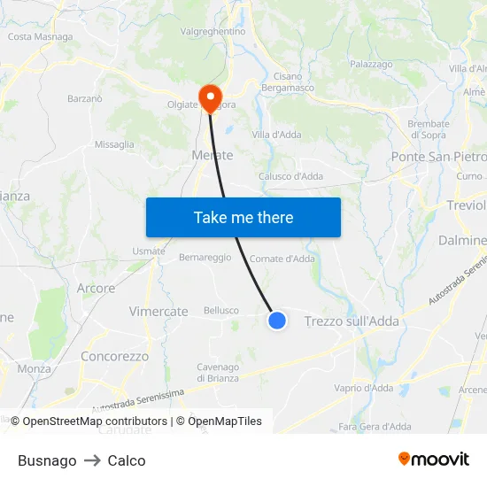 Busnago to Calco map