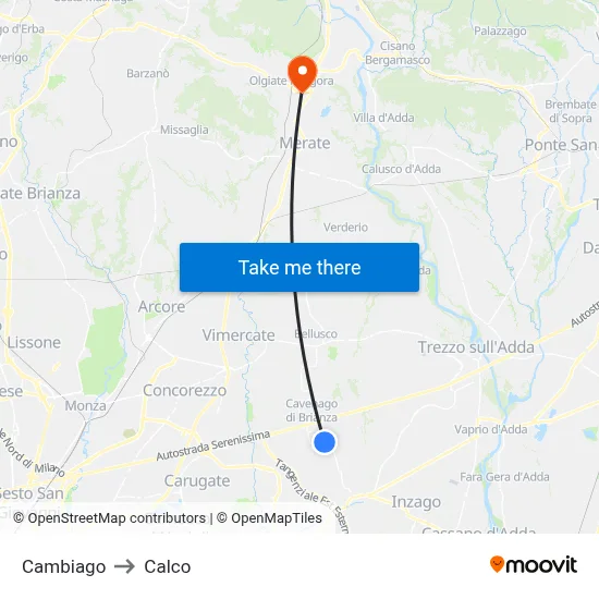 Cambiago to Calco map