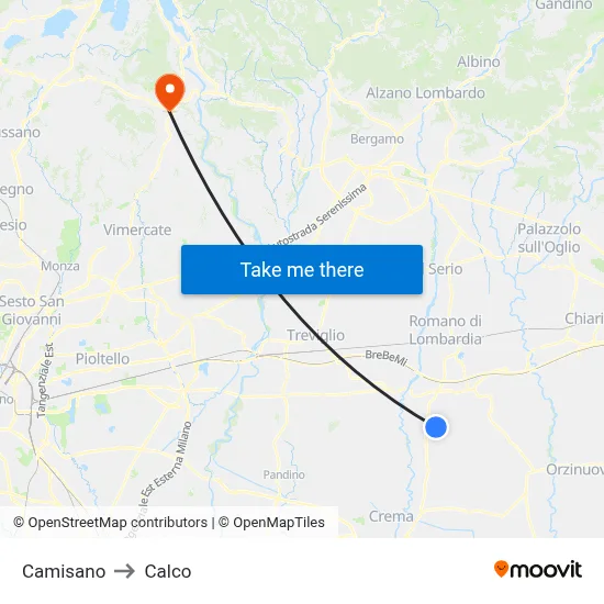 Camisano to Calco map