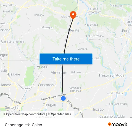 Caponago to Calco map