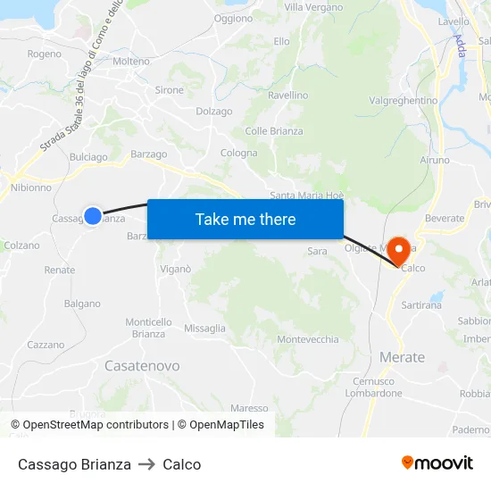 Cassago Brianza to Calco map