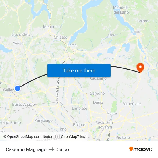 Cassano Magnago to Calco map