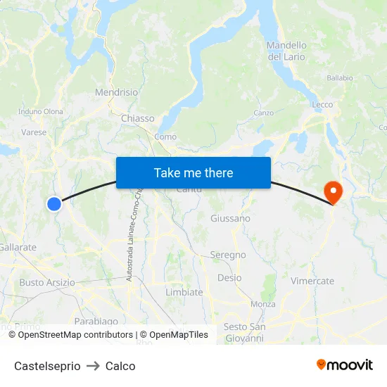 Castelseprio to Calco map