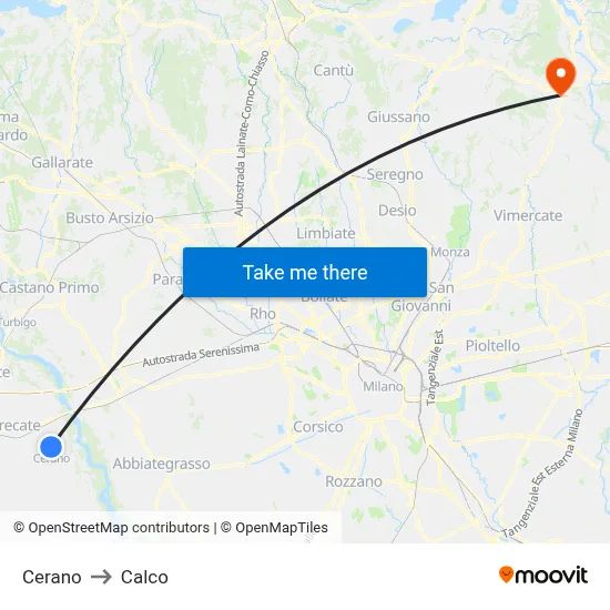 Cerano to Calco map