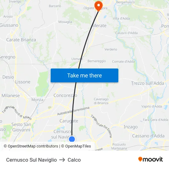 Cernusco Sul Naviglio to Calco map