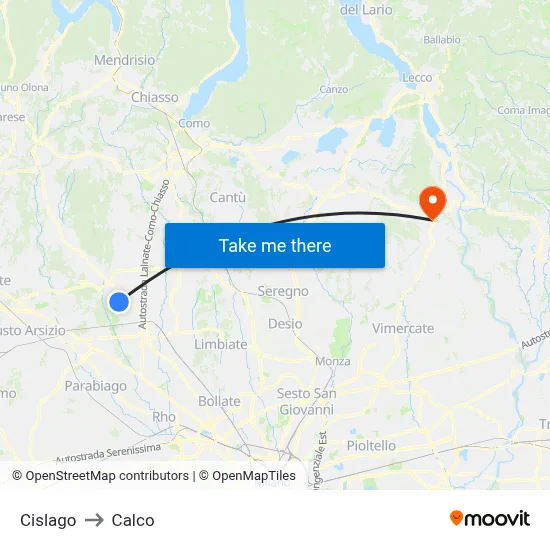 Cislago to Calco map