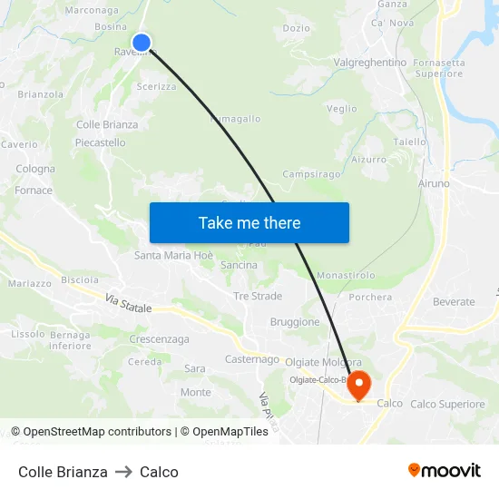 Colle Brianza to Calco map