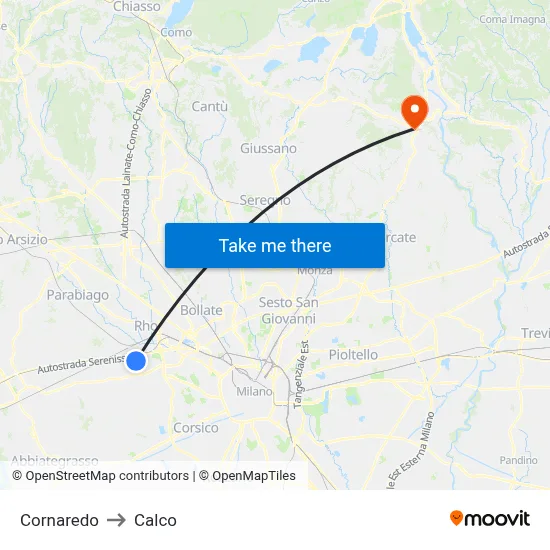 Cornaredo to Calco map