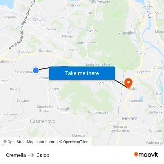 Cremella to Calco map
