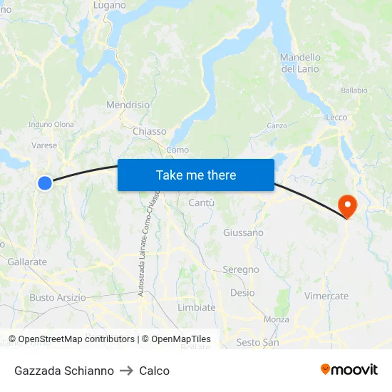 Gazzada Schianno to Calco map