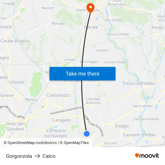 Gorgonzola to Calco map