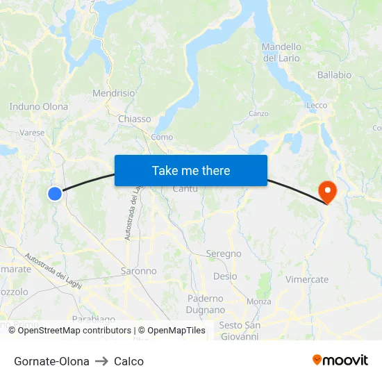 Gornate-Olona to Calco map