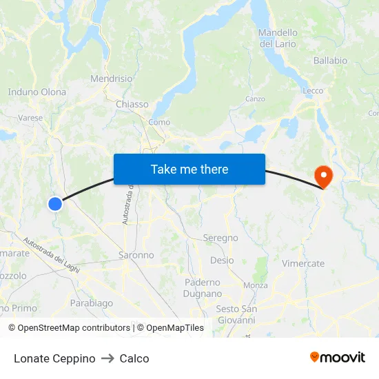 Lonate Ceppino to Calco map