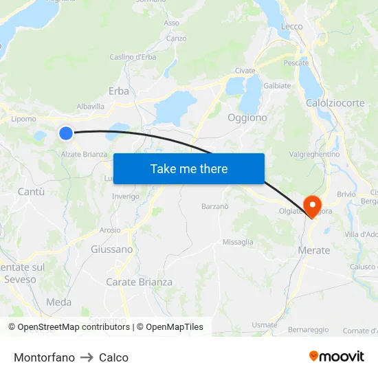 Montorfano to Calco map