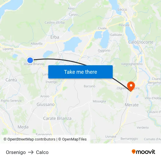 Orsenigo to Calco map