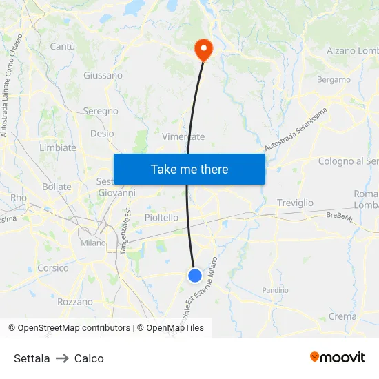 Settala to Calco map