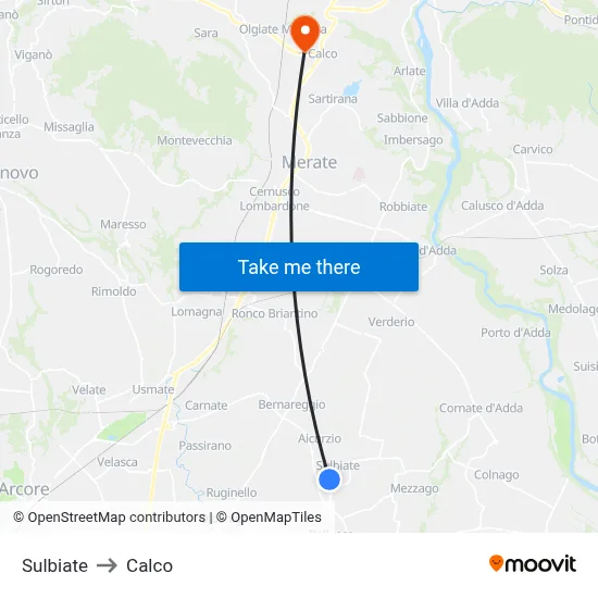Sulbiate to Calco map