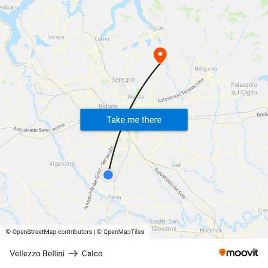 Vellezzo Bellini to Calco map