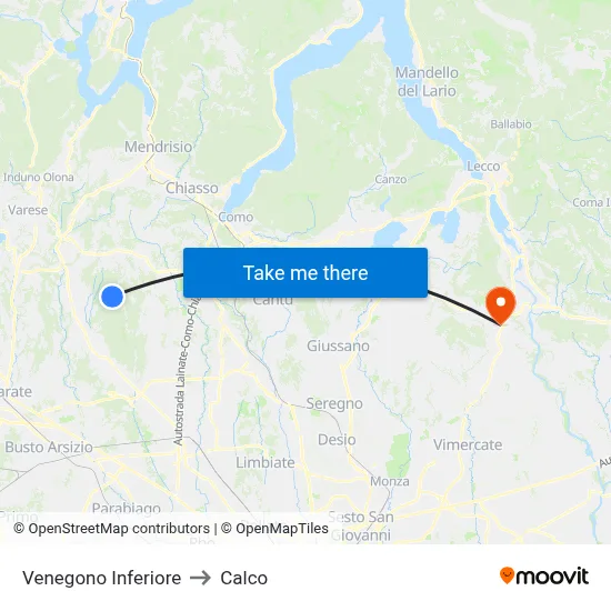 Venegono Inferiore to Calco map