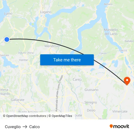 Cuveglio to Calco map