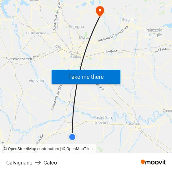 Calvignano to Calco map