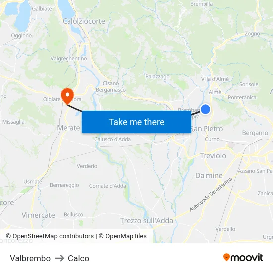 Valbrembo to Calco map