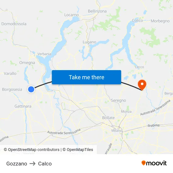 Gozzano to Calco map