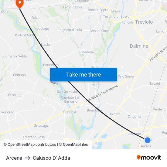 Arcene to Calusco D' Adda map