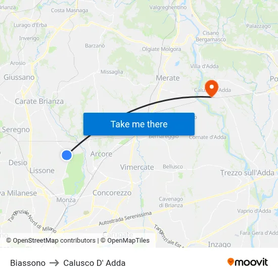 Biassono to Calusco d'Adda map
