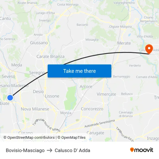 Bovisio-Masciago to Calusco d'Adda map