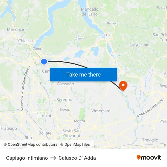 Capiago Intimiano to Calusco d'Adda map