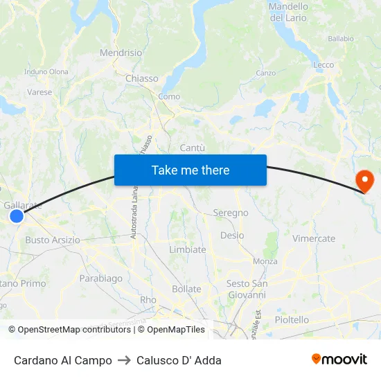 Cardano al Campo to Calusco d'Adda map